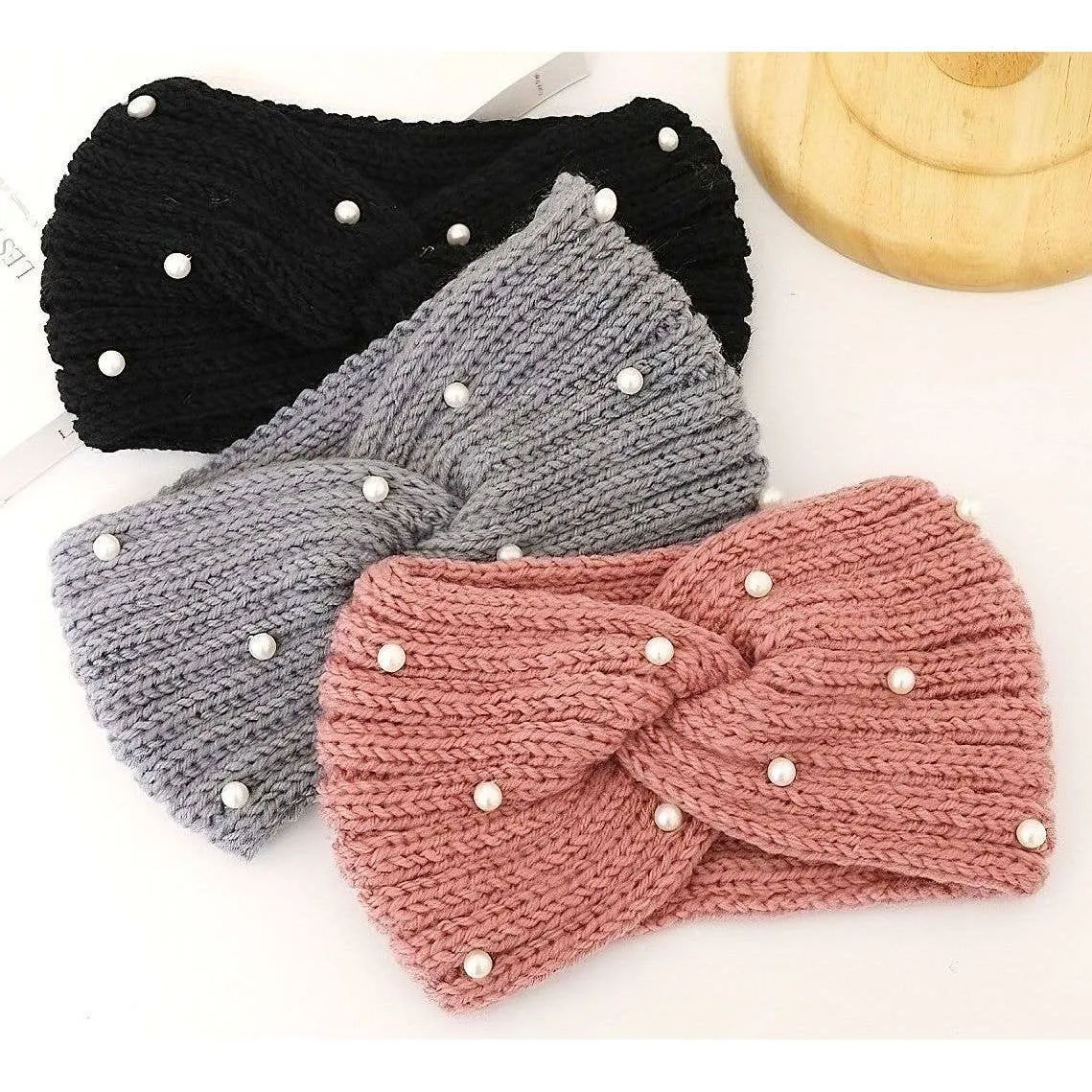 12pk Pearls Deco Knitted Bow Twist Turban Headband