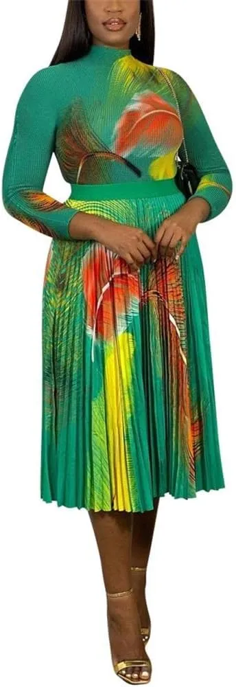 2 Piece Skirt Sets for Women Casual Long Sleeve Top and High Waisted Pleated Midi Skirt Plus Size