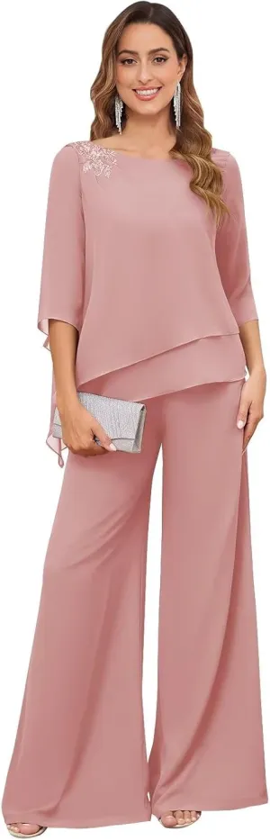 2 Pieces Mother of The Bride Pant Suits for Wedding Dressy Chiffon Lace Sequin Formal Wedding Guest Outfit