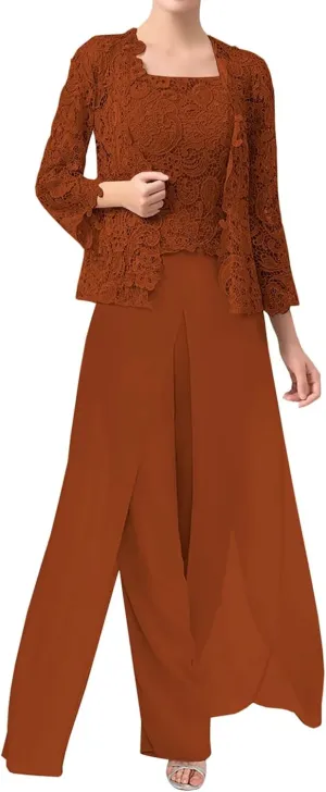 3 Pieces Mother of The Bride Dresses Pant Suits Chiffon Laces Jacket Mother Groom Dresses for Wedding