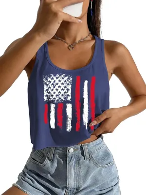 4th of July Sexy Crop Tank for Women Independence Day Funny Graphic Sleeveless American Proud Summer Patriotic Shirt