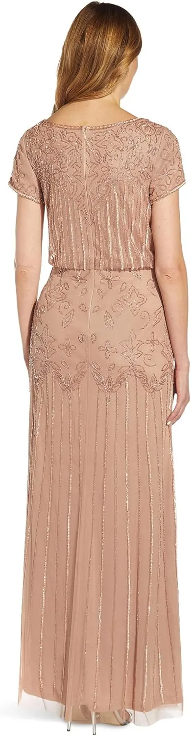 Adrianna Papell Women's One Size Boat Neck Short Sleeve Blouson Beaded Gown
