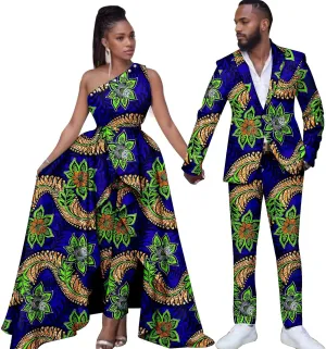 African Wedding Dresses Ankara Printed Fabric Men's Suit Matching Pants 2 Piece Set Women's Party Dresses Coupleswear