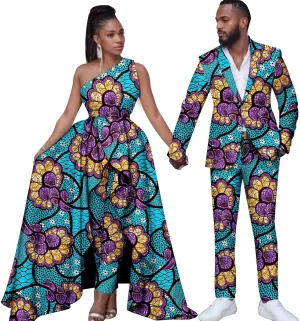 African Wedding Dresses Ankara Printed Fabric Men's Suit Matching Pants 2 Piece Set Women's Party Dresses Coupleswear