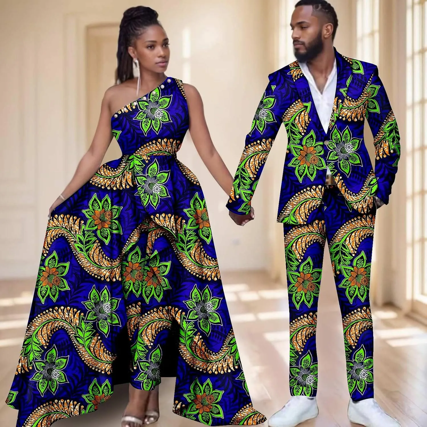 African Wedding Dresses Ankara Printed Fabric Men's Suit Matching Pants 2 Piece Set Women's Party Dresses Coupleswear