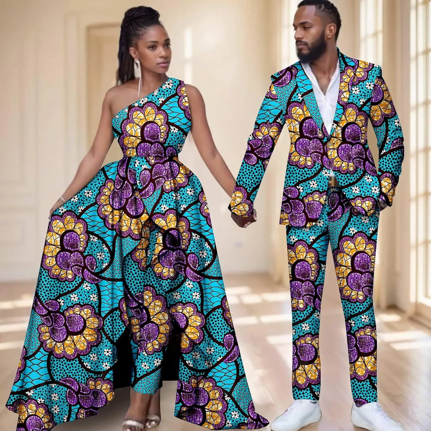 African Wedding Dresses Ankara Printed Fabric Men's Suit Matching Pants 2 Piece Set Women's Party Dresses Coupleswear