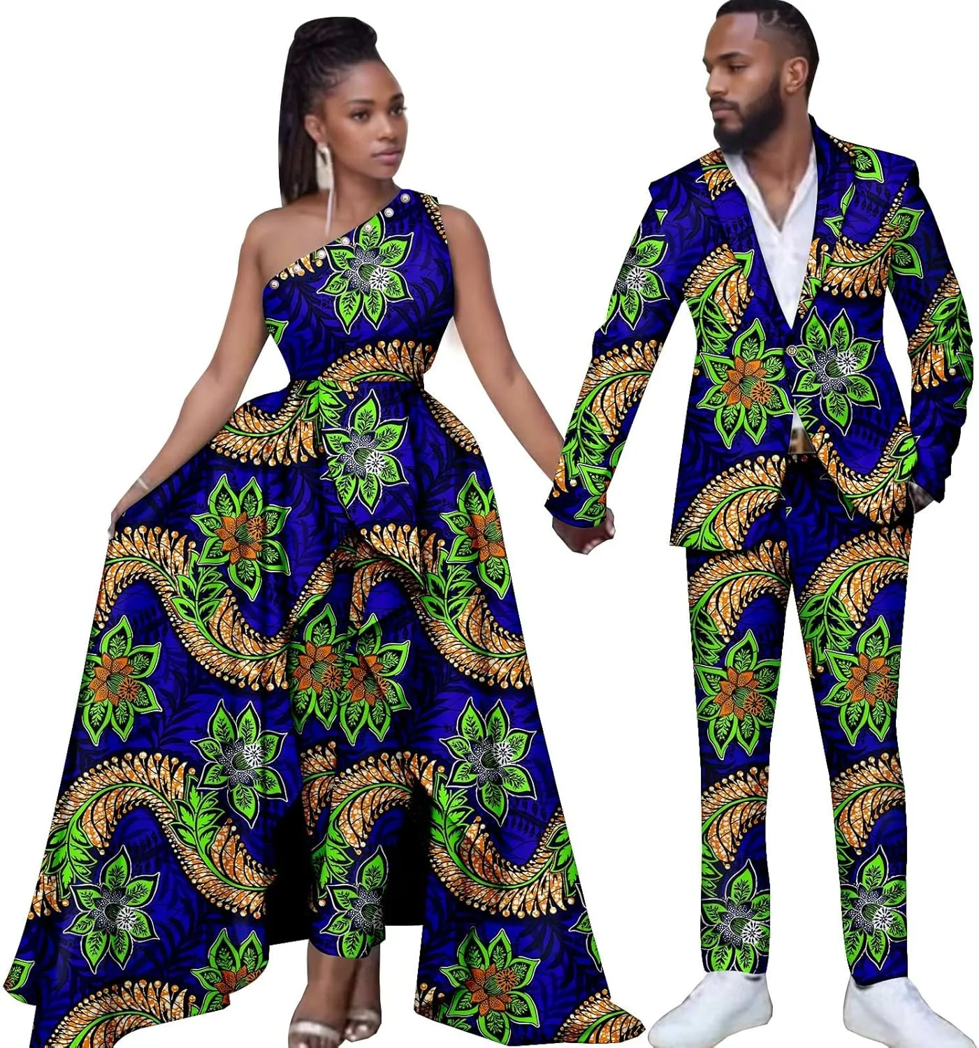 African Wedding Dresses Ankara Printed Fabric Men's Suit Matching Pants 2 Piece Set Women's Party Dresses Coupleswear