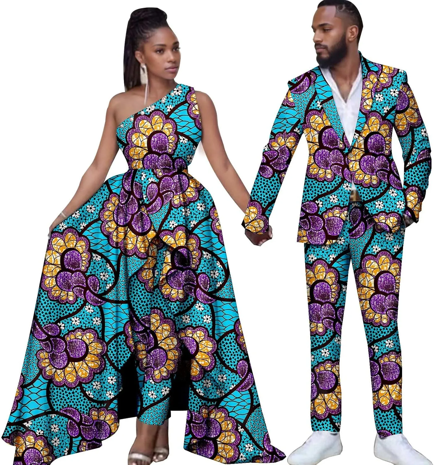 African Wedding Dresses Ankara Printed Fabric Men's Suit Matching Pants 2 Piece Set Women's Party Dresses Coupleswear