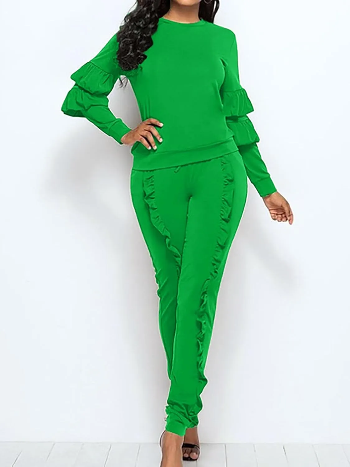 Akmipoem Women's Two Piece Outfits Ruffle Sleeve Sweatshirt and Long Pants Tracksuit Sets