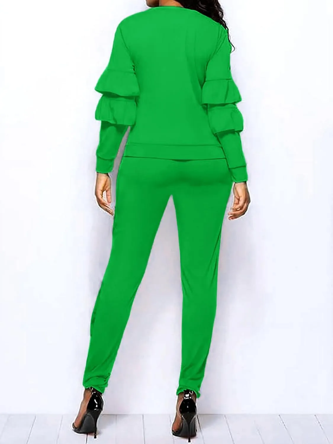 Akmipoem Women's Two Piece Outfits Ruffle Sleeve Sweatshirt and Long Pants Tracksuit Sets