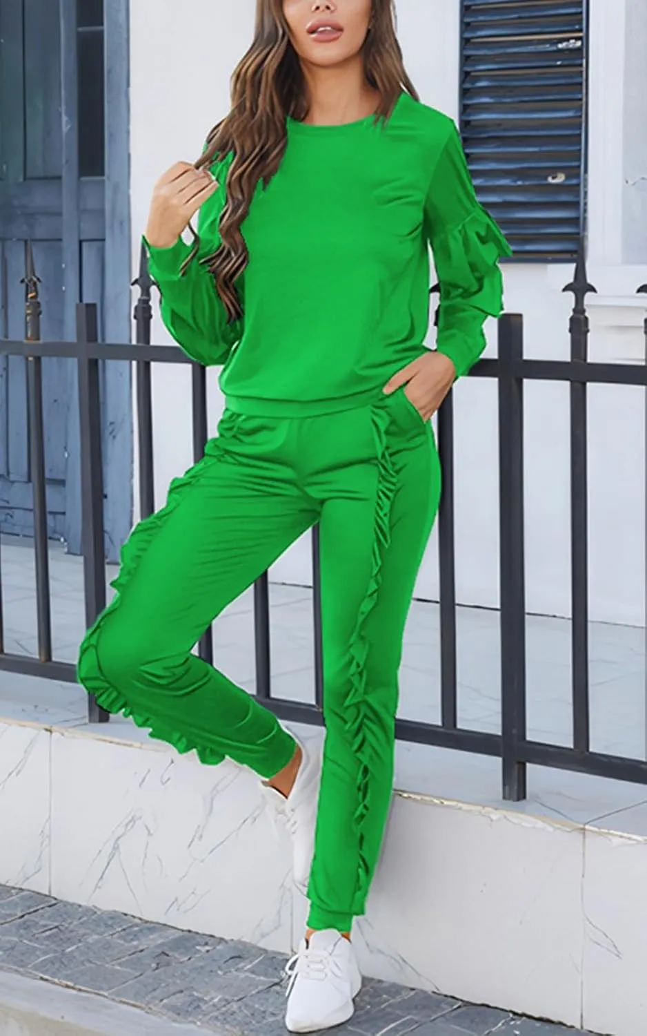 Akmipoem Women's Two Piece Outfits Ruffle Sleeve Sweatshirt and Long Pants Tracksuit Sets