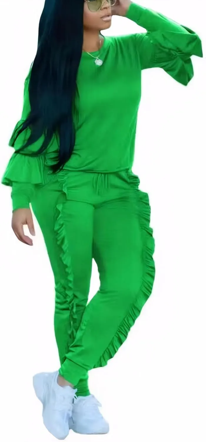 Akmipoem Women's Two Piece Outfits Ruffle Sleeve Sweatshirt and Long Pants Tracksuit Sets