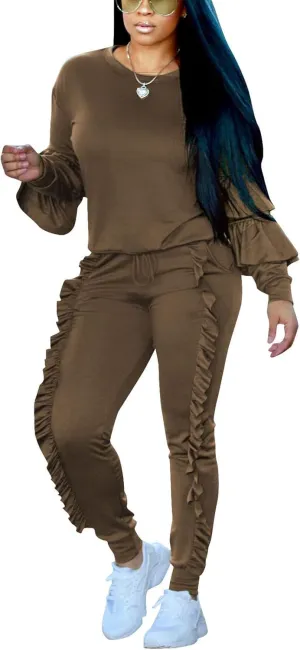 Akmipoem Women's Two Piece Outfits Ruffle Sleeve Sweatshirt and Long Pants Tracksuit Sets