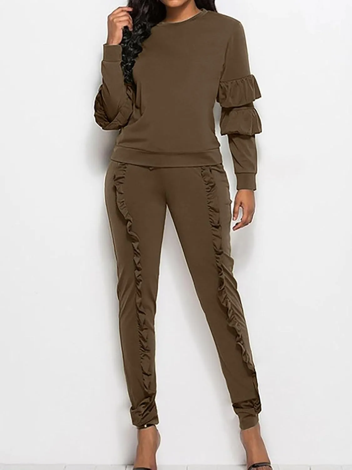 Akmipoem Women's Two Piece Outfits Ruffle Sleeve Sweatshirt and Long Pants Tracksuit Sets