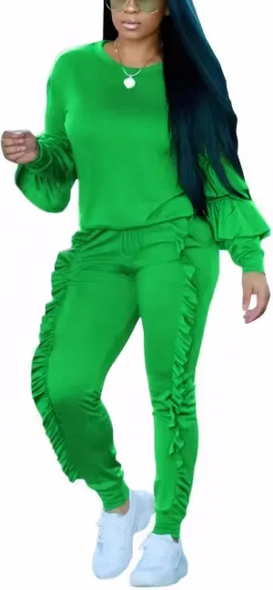 Akmipoem Women's Two Piece Outfits Ruffle Sleeve Sweatshirt and Long Pants Tracksuit Sets