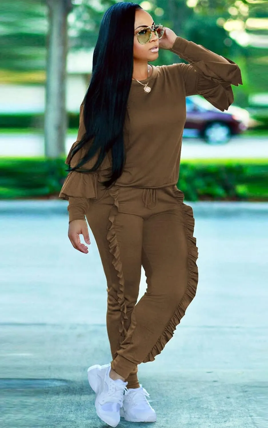 Akmipoem Women's Two Piece Outfits Ruffle Sleeve Sweatshirt and Long Pants Tracksuit Sets