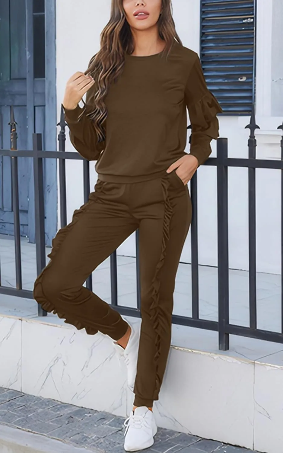 Akmipoem Women's Two Piece Outfits Ruffle Sleeve Sweatshirt and Long Pants Tracksuit Sets