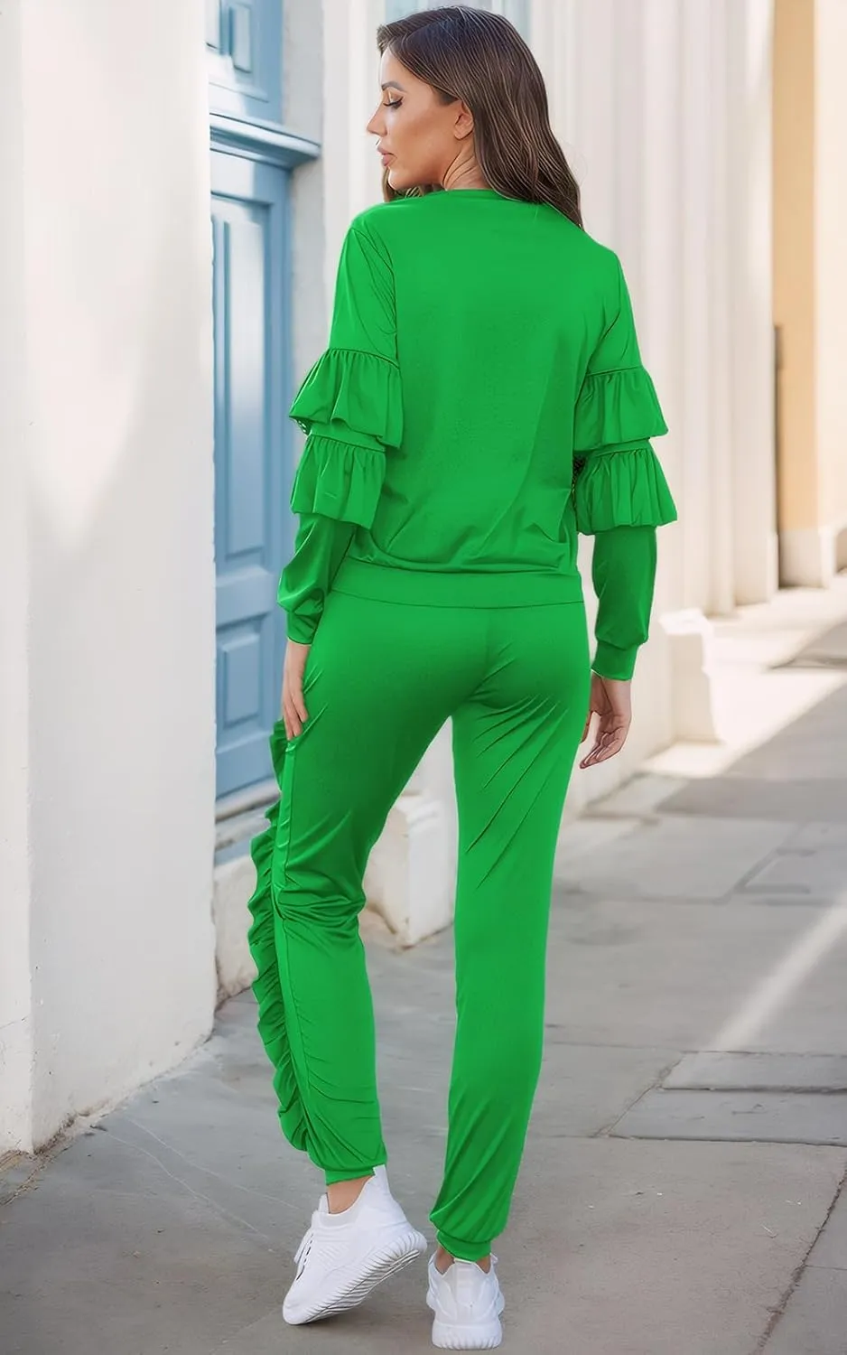 Akmipoem Women's Two Piece Outfits Ruffle Sleeve Sweatshirt and Long Pants Tracksuit Sets