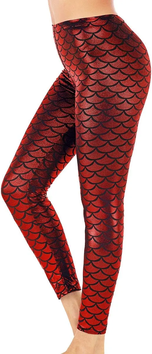 Alaroo Halloween Shiny Fish Scale Mermaid Leggings for Women Pants S-4XL