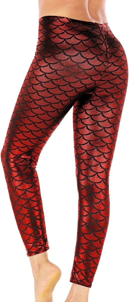 Alaroo Halloween Shiny Fish Scale Mermaid Leggings for Women Pants S-4XL