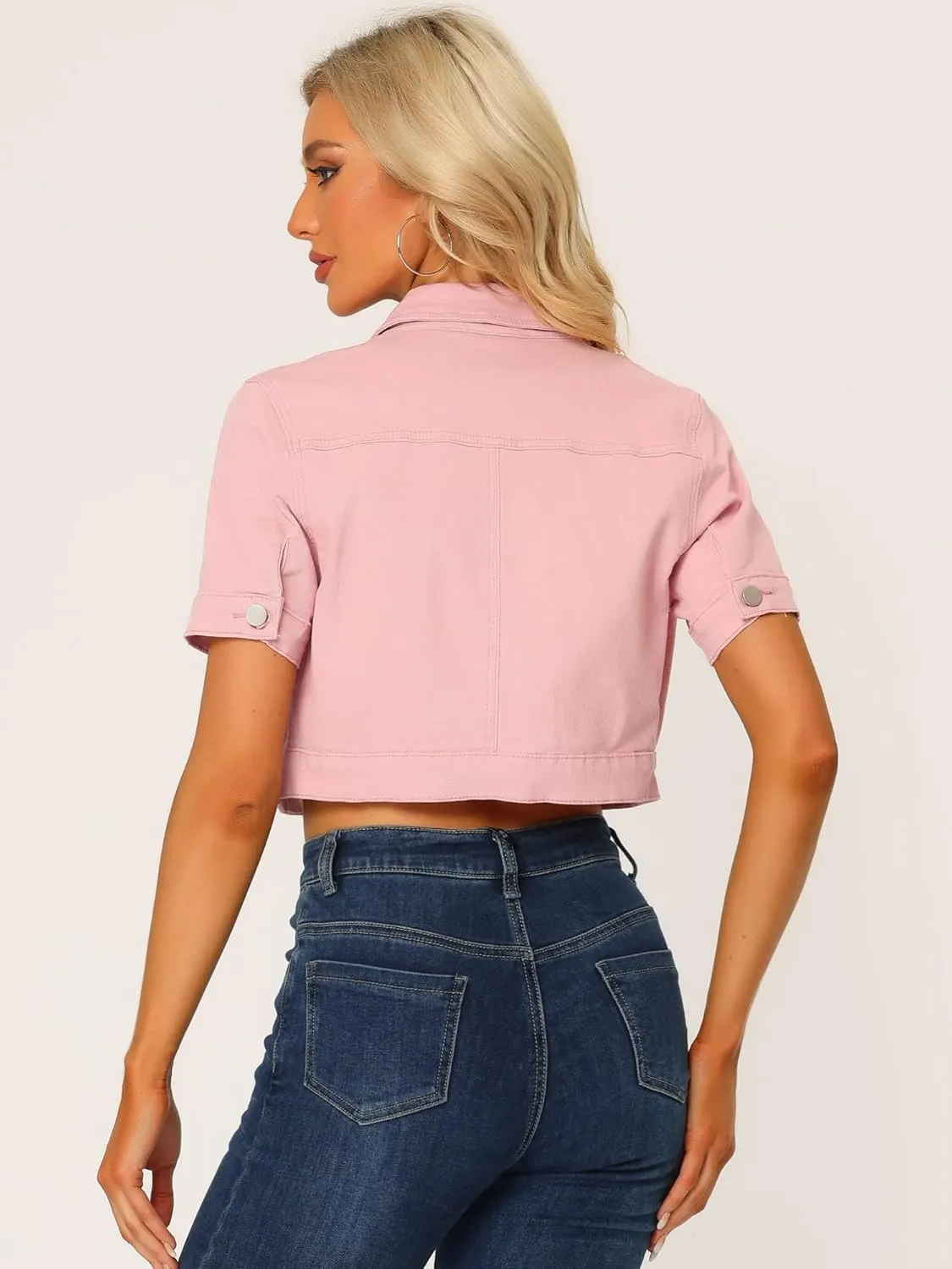 Allegra K Casual Jacket for Women's Short Sleeves Crop Jean Denim Jacket