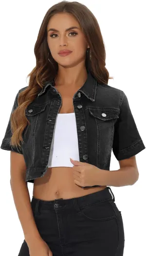 Allegra K Casual Jacket for Women's Short Sleeves Crop Jean Denim Jacket