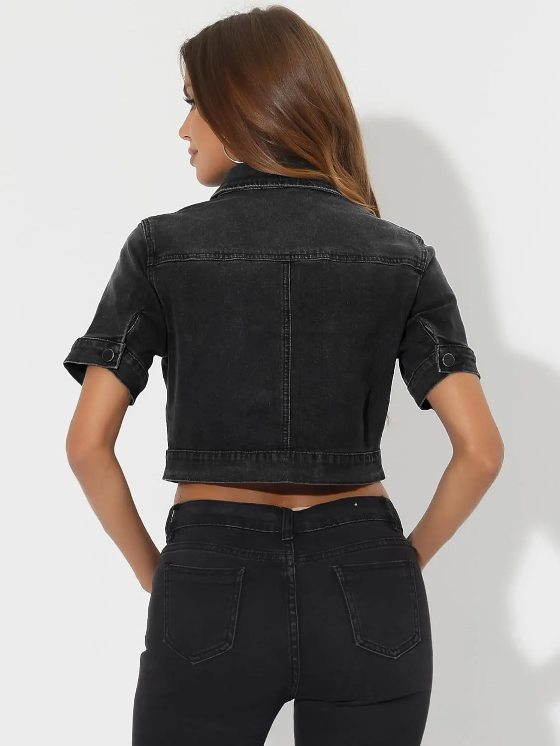 Allegra K Casual Jacket for Women's Short Sleeves Crop Jean Denim Jacket