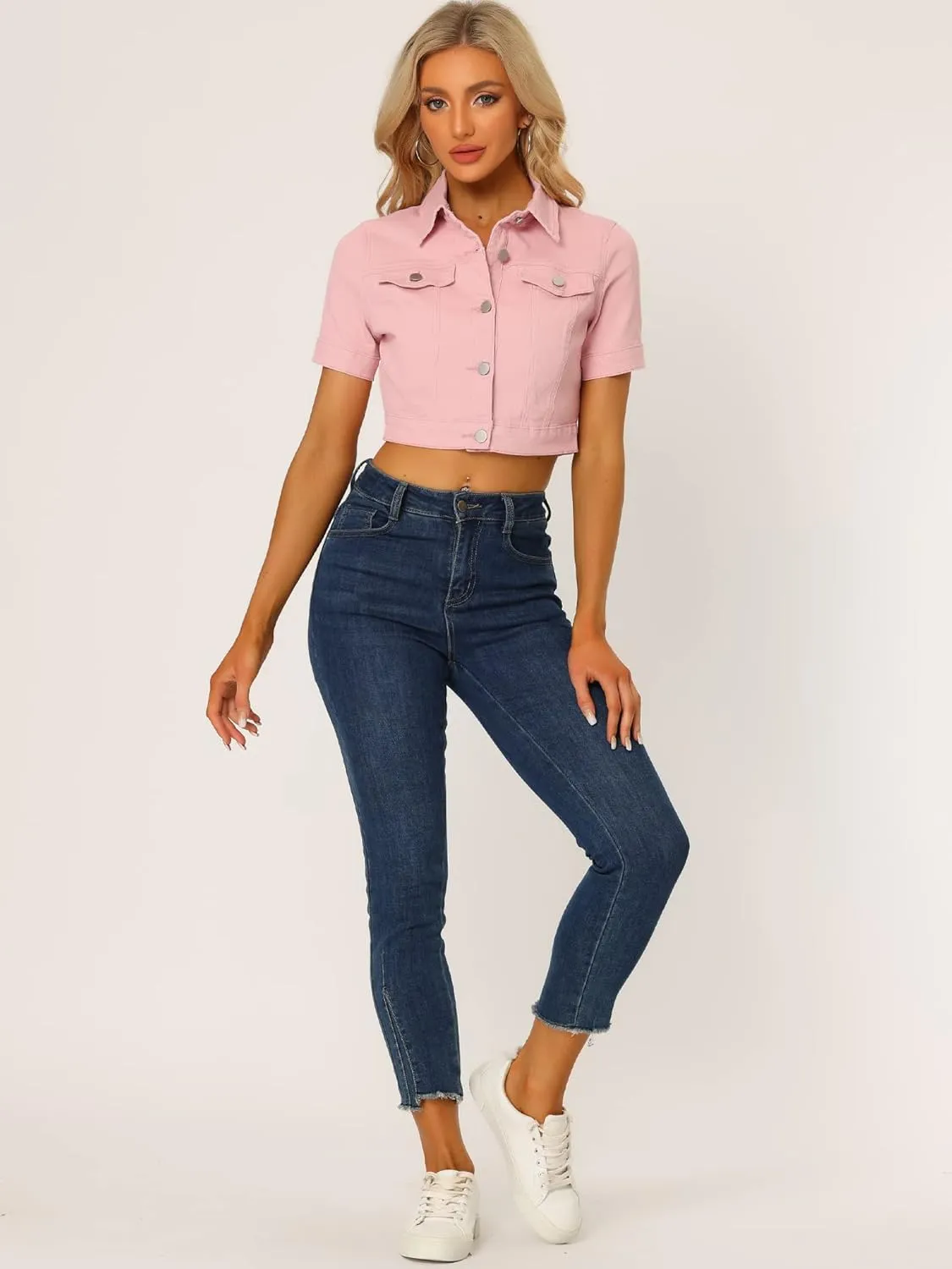 Allegra K Casual Jacket for Women's Short Sleeves Crop Jean Denim Jacket