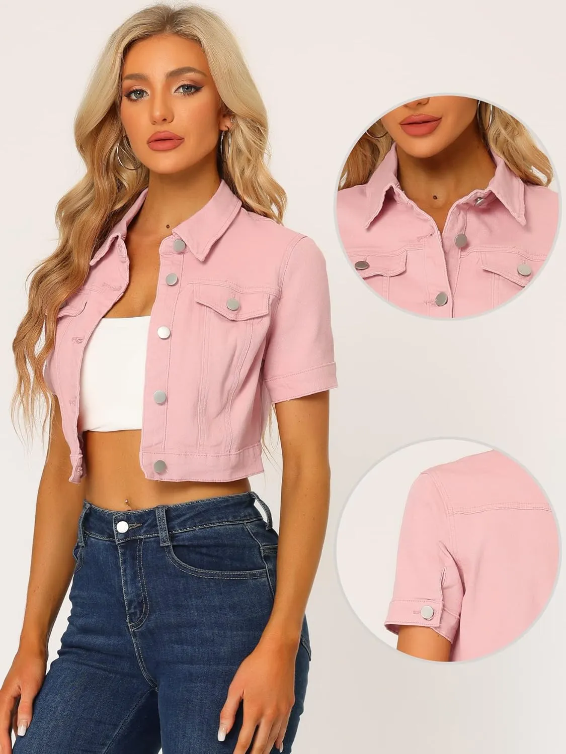 Allegra K Casual Jacket for Women's Short Sleeves Crop Jean Denim Jacket