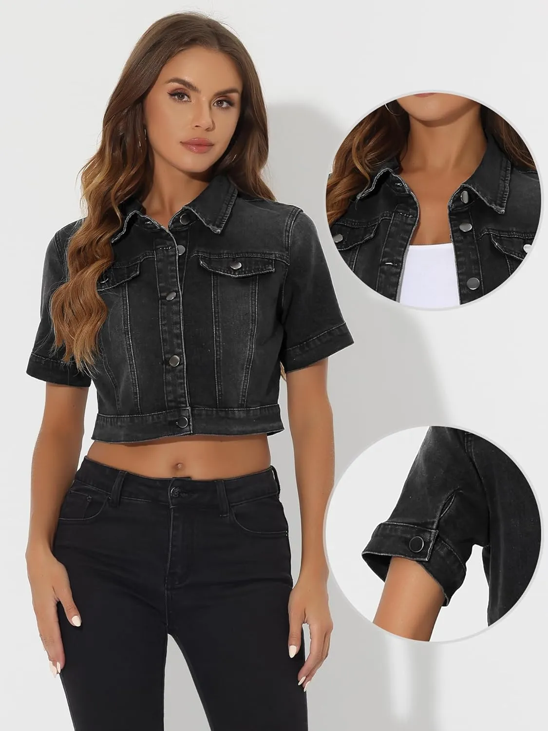Allegra K Casual Jacket for Women's Short Sleeves Crop Jean Denim Jacket