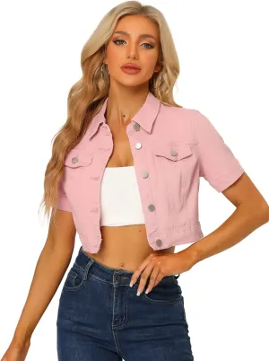 Allegra K Casual Jacket for Women's Short Sleeves Crop Jean Denim Jacket