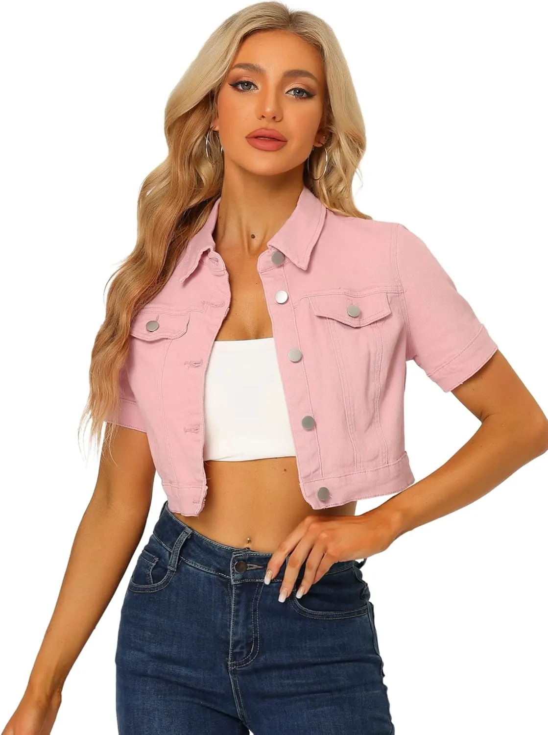 Allegra K Casual Jacket for Women's Short Sleeves Crop Jean Denim Jacket