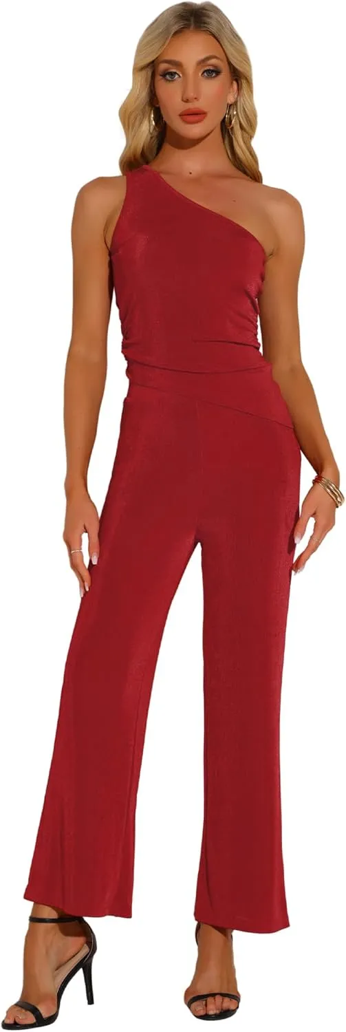 Allegra K Two Piece Outfits for Women's Casual One Shoulder Sleeveless Crop Top Wide Leg Pants Sweatsuits