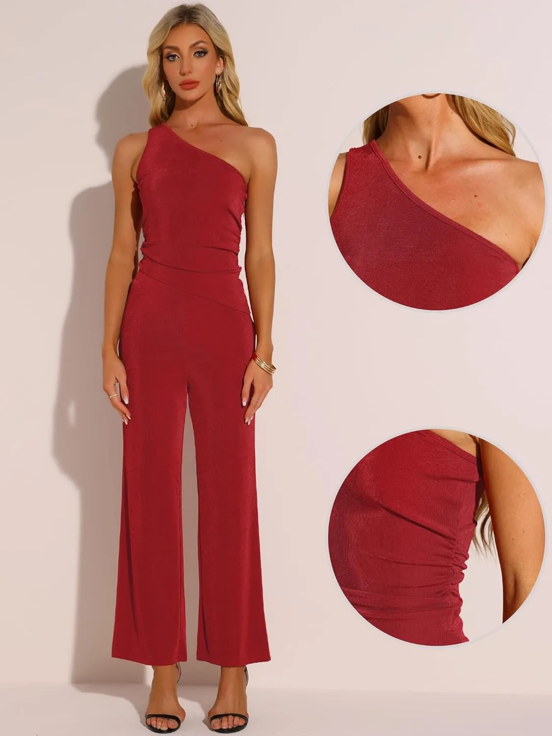 Allegra K Two Piece Outfits for Women's Casual One Shoulder Sleeveless Crop Top Wide Leg Pants Sweatsuits