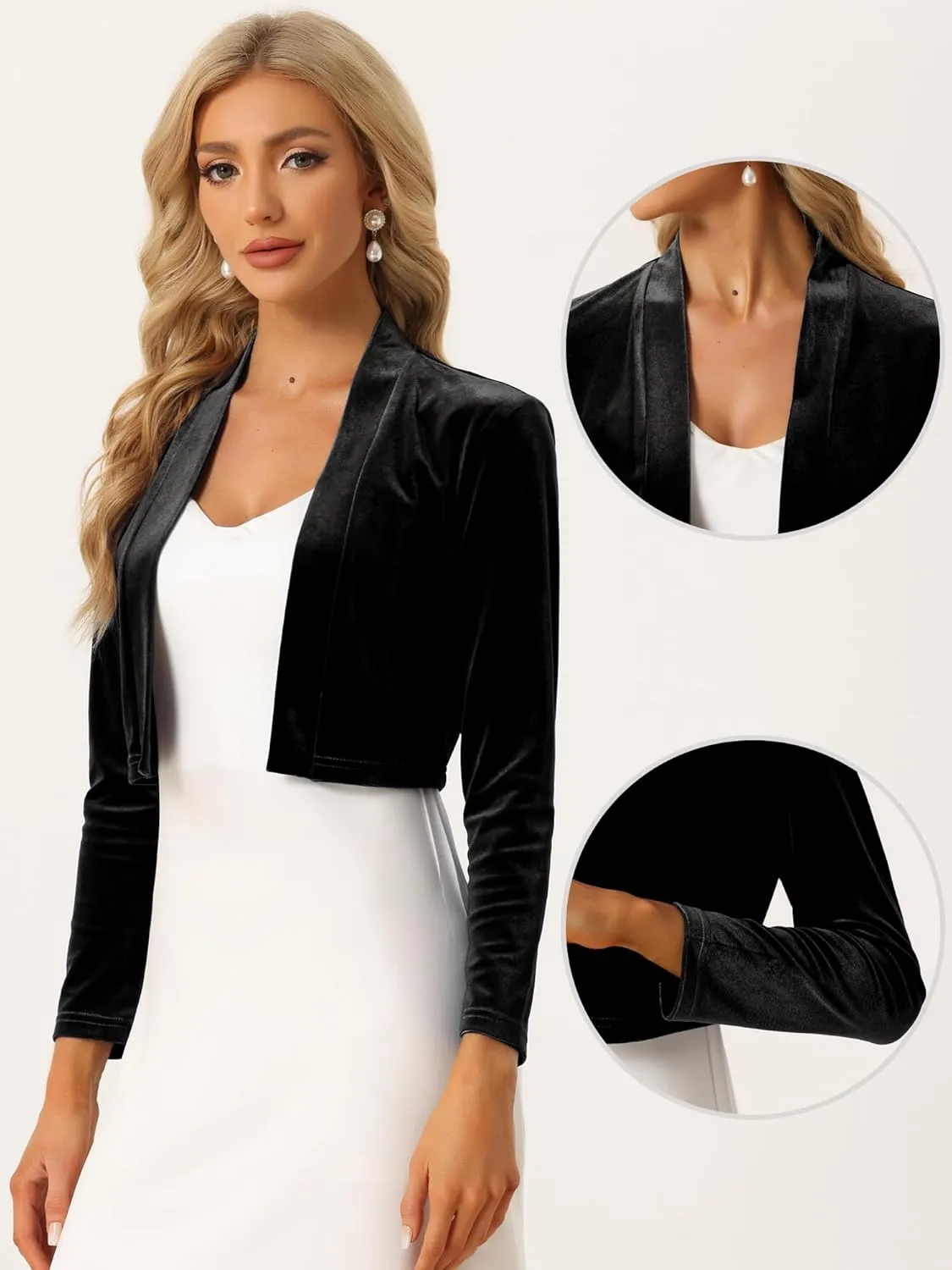 Allegra K Velvet Shrug for Women's Long Sleeve Open Front Cardigan Cocktail Party Cropped Bolero Jacket