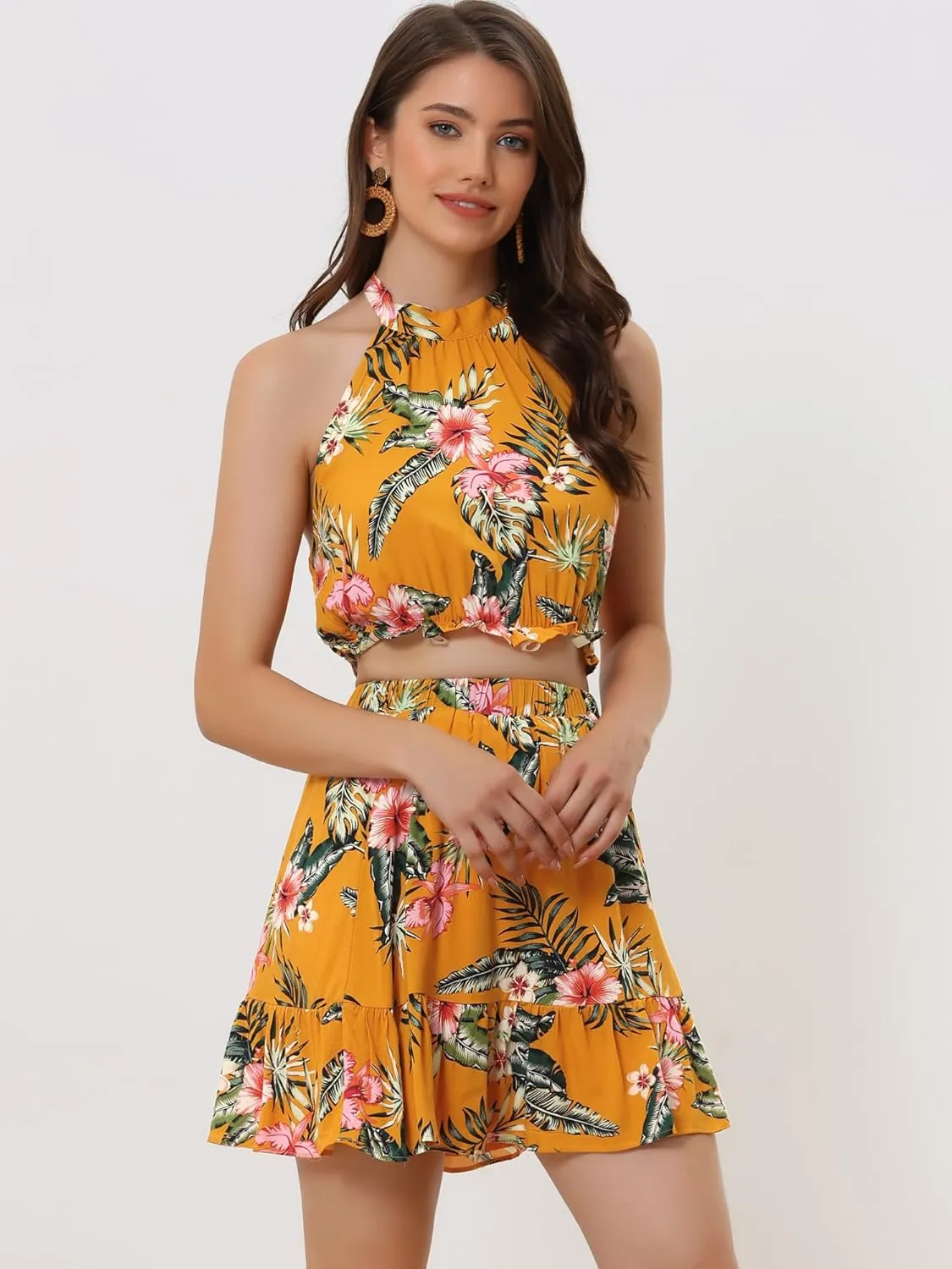 Allegra K Women's 2 Piece Outfits Floral Halter Neck Sleeveless Crop Top with Short Skirt Set