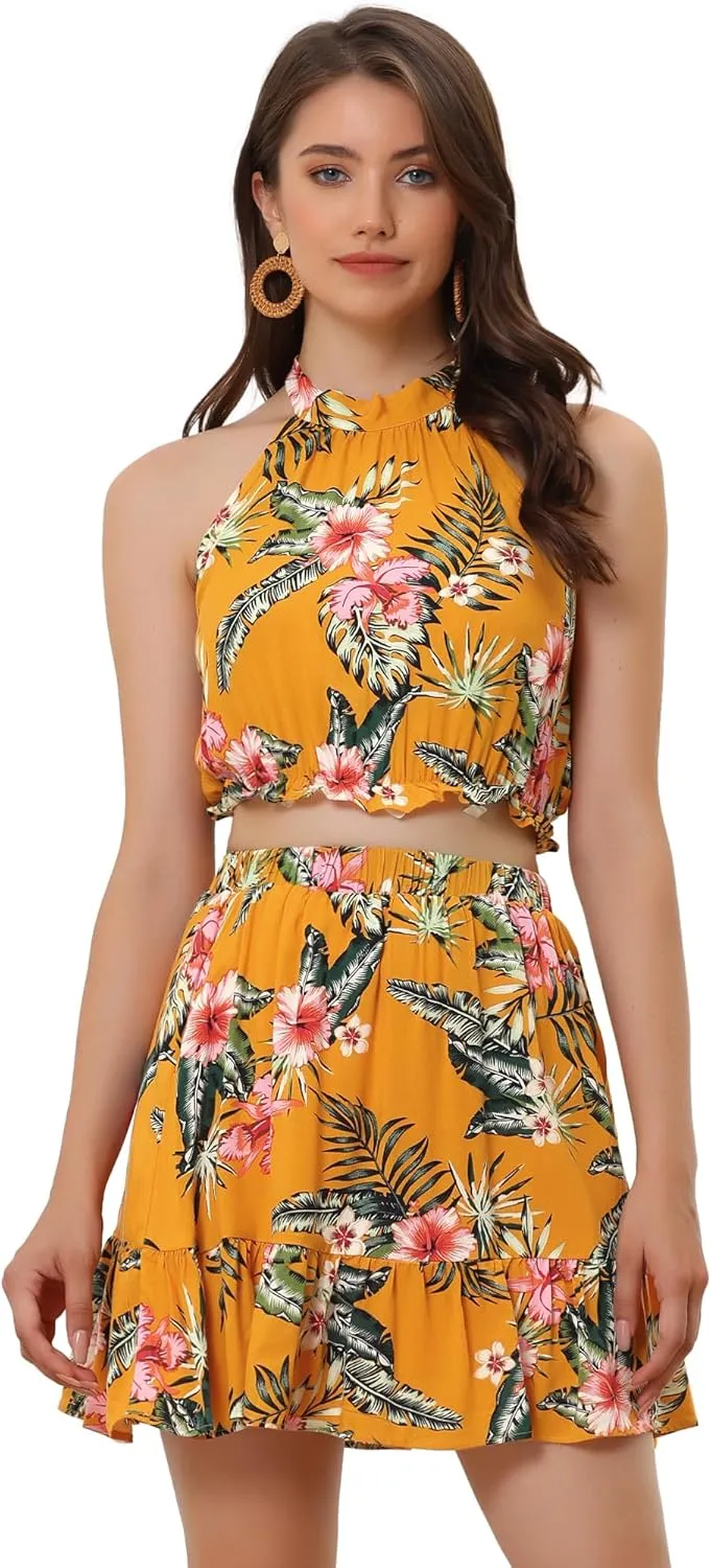 Allegra K Women's 2 Piece Outfits Floral Halter Neck Sleeveless Crop Top with Short Skirt Set