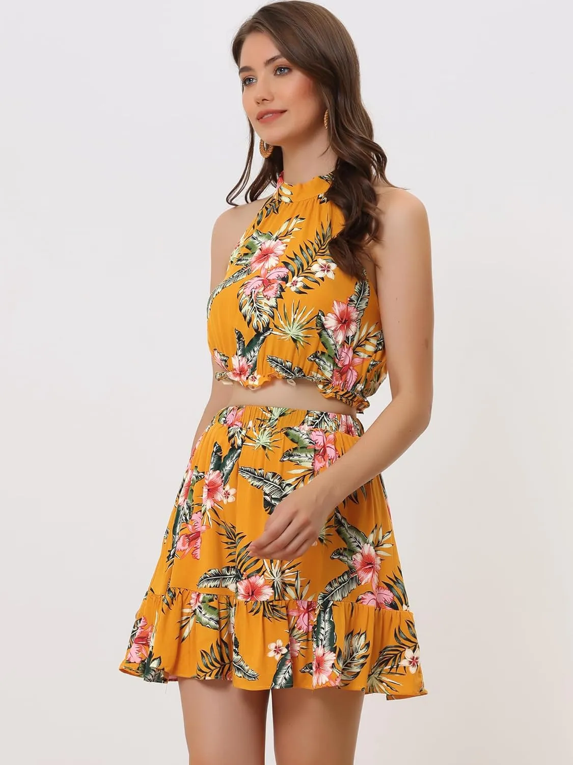 Allegra K Women's 2 Piece Outfits Floral Halter Neck Sleeveless Crop Top with Short Skirt Set