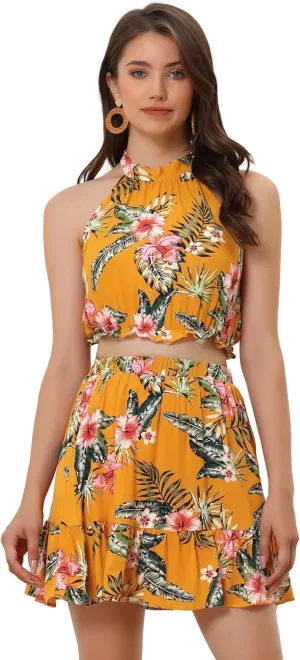 Allegra K Women's 2 Piece Outfits Floral Halter Neck Sleeveless Crop Top with Short Skirt Set