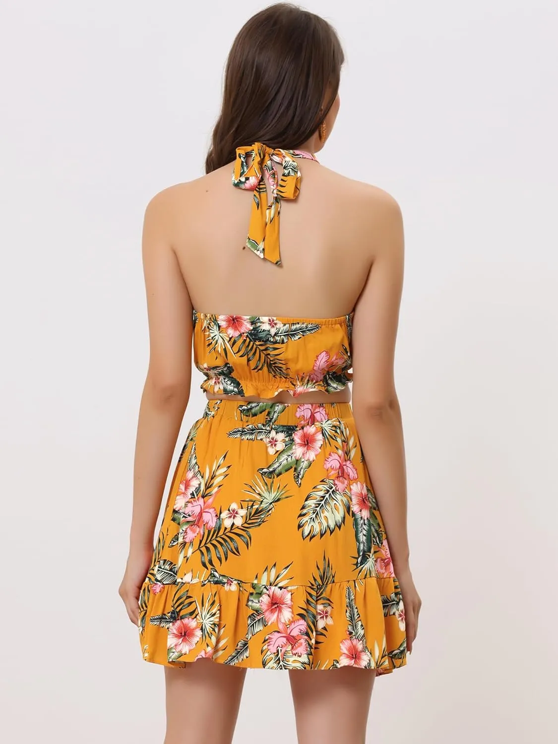 Allegra K Women's 2 Piece Outfits Floral Halter Neck Sleeveless Crop Top with Short Skirt Set