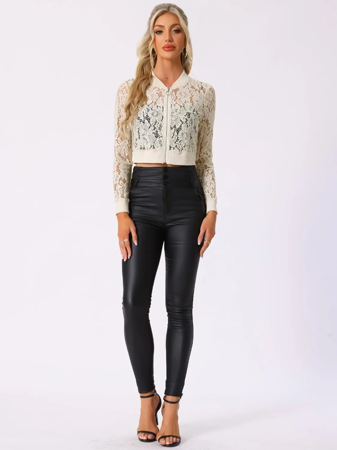 Allegra K Women's Crop Jacket Stand Collar Zip Up Sexy Sheer Gothic Lace Lightweight Baseball Jacket