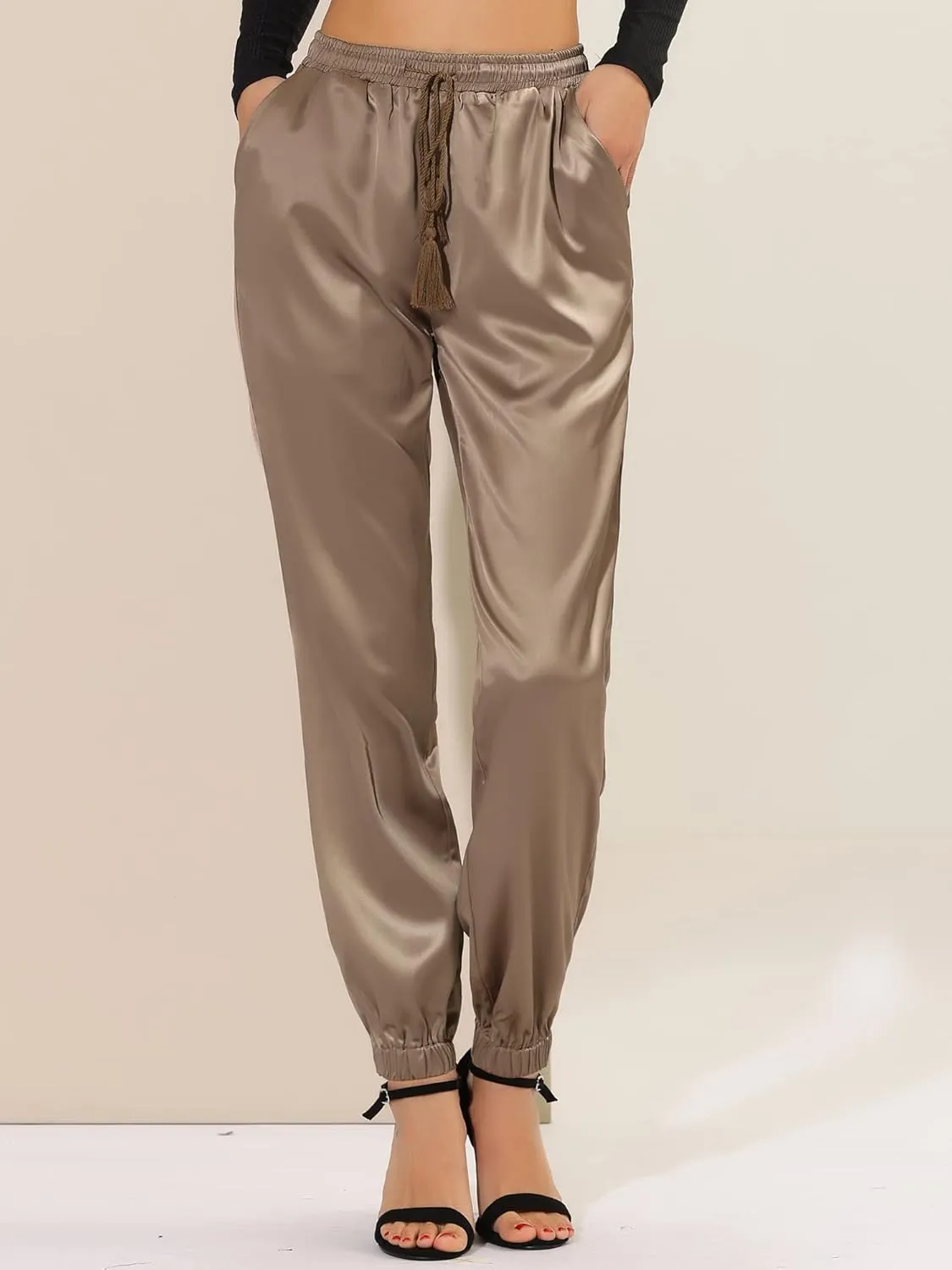Allegra K Women's Drawstring Elastic Waist Athleisure Pants Casual Ankle Length Satin Joggers with Pocket