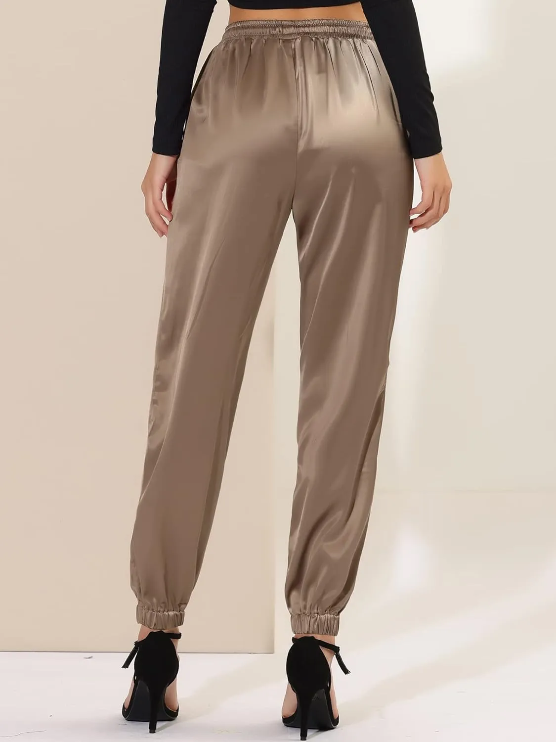 Allegra K Women's Drawstring Elastic Waist Athleisure Pants Casual Ankle Length Satin Joggers with Pocket