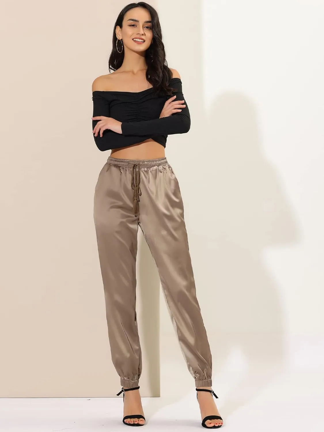 Allegra K Women's Drawstring Elastic Waist Athleisure Pants Casual Ankle Length Satin Joggers with Pocket
