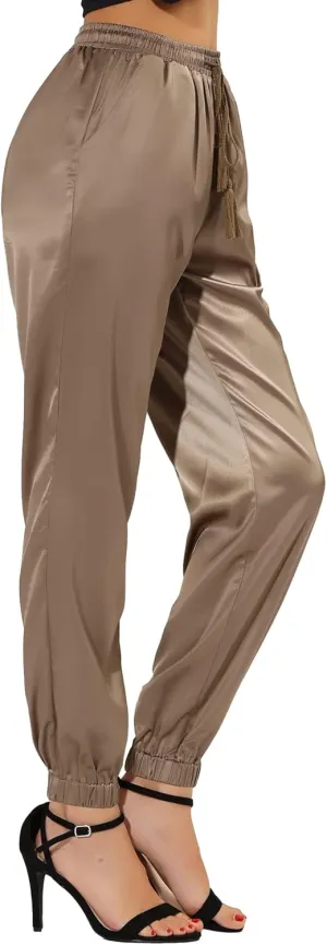 Allegra K Women's Drawstring Elastic Waist Athleisure Pants Casual Ankle Length Satin Joggers with Pocket