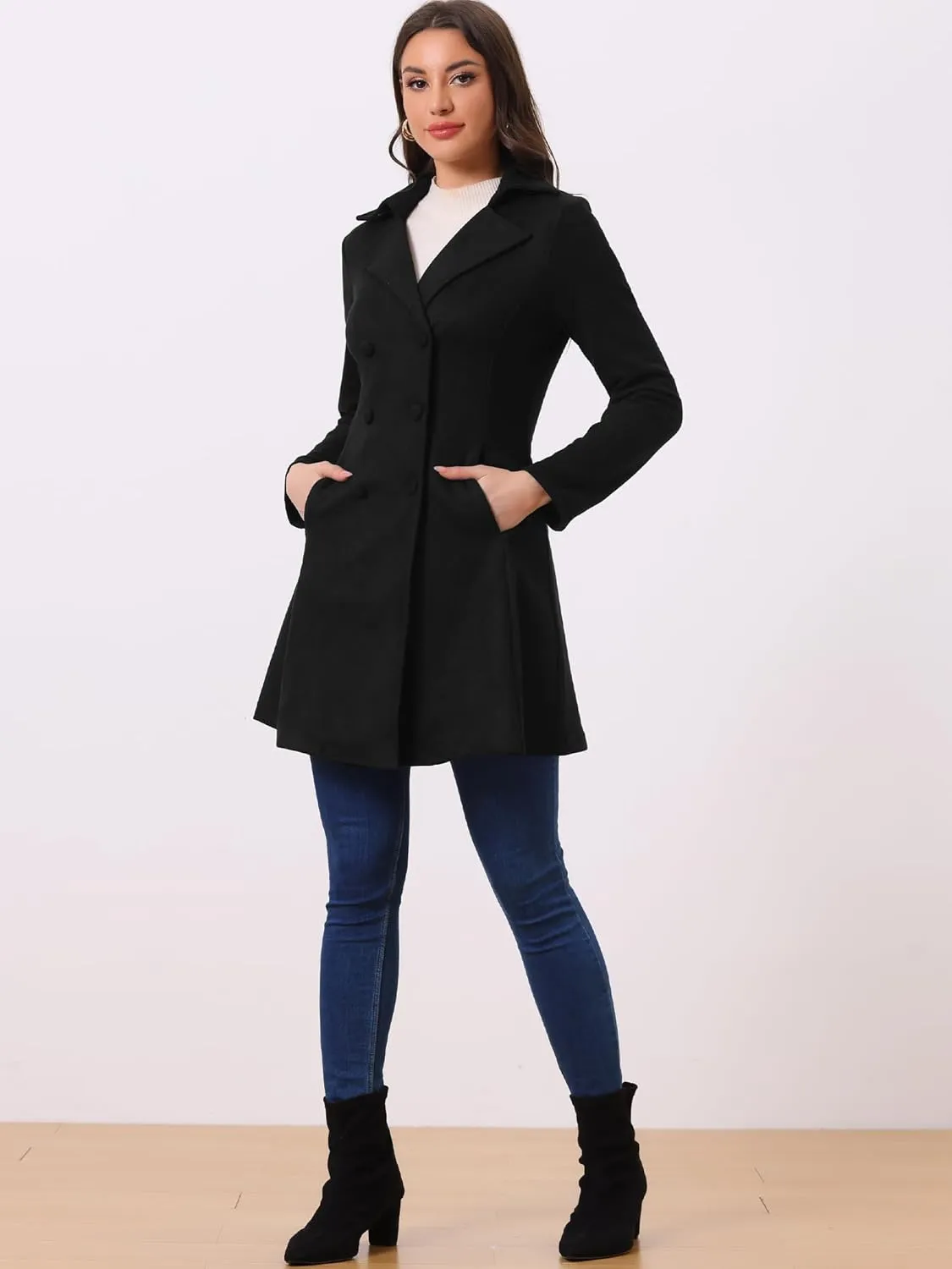 Allegra K Women's Faux Suede Jacket Double Breasted Notched Lapel Winter Long Trench Coat