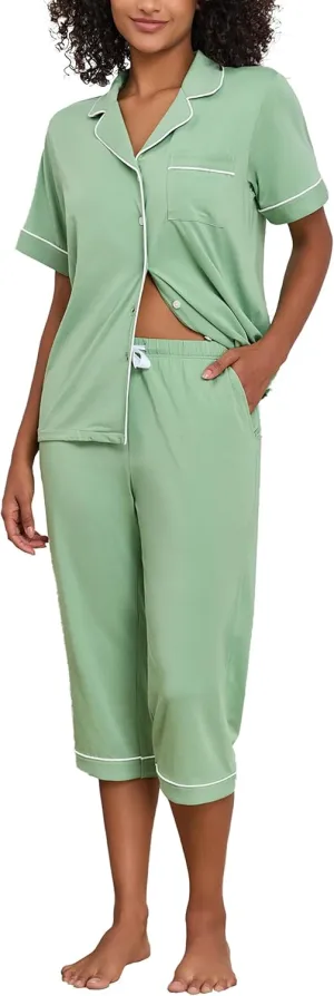 ANLIQI Womens Pajamas Set Capri Pjs Cotton Modal 2 Piece Summer Lounge Set Soft Comfy Short Sleeve Button Down Sleepwear