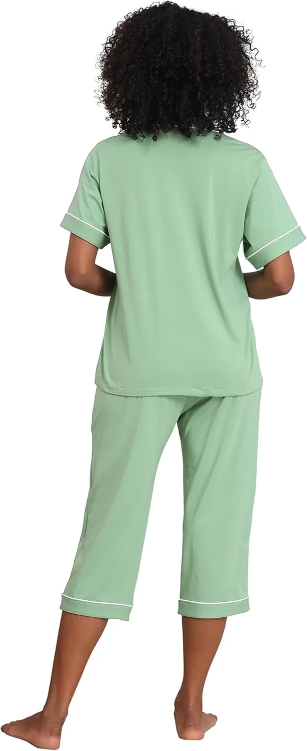 ANLIQI Womens Pajamas Set Capri Pjs Cotton Modal 2 Piece Summer Lounge Set Soft Comfy Short Sleeve Button Down Sleepwear