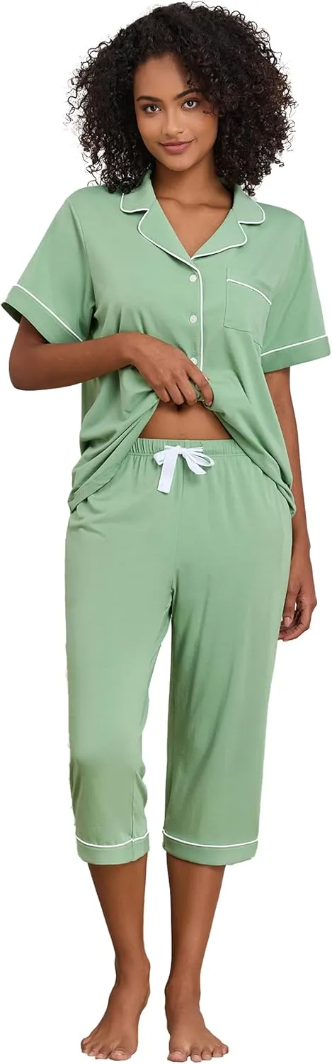 ANLIQI Womens Pajamas Set Capri Pjs Cotton Modal 2 Piece Summer Lounge Set Soft Comfy Short Sleeve Button Down Sleepwear