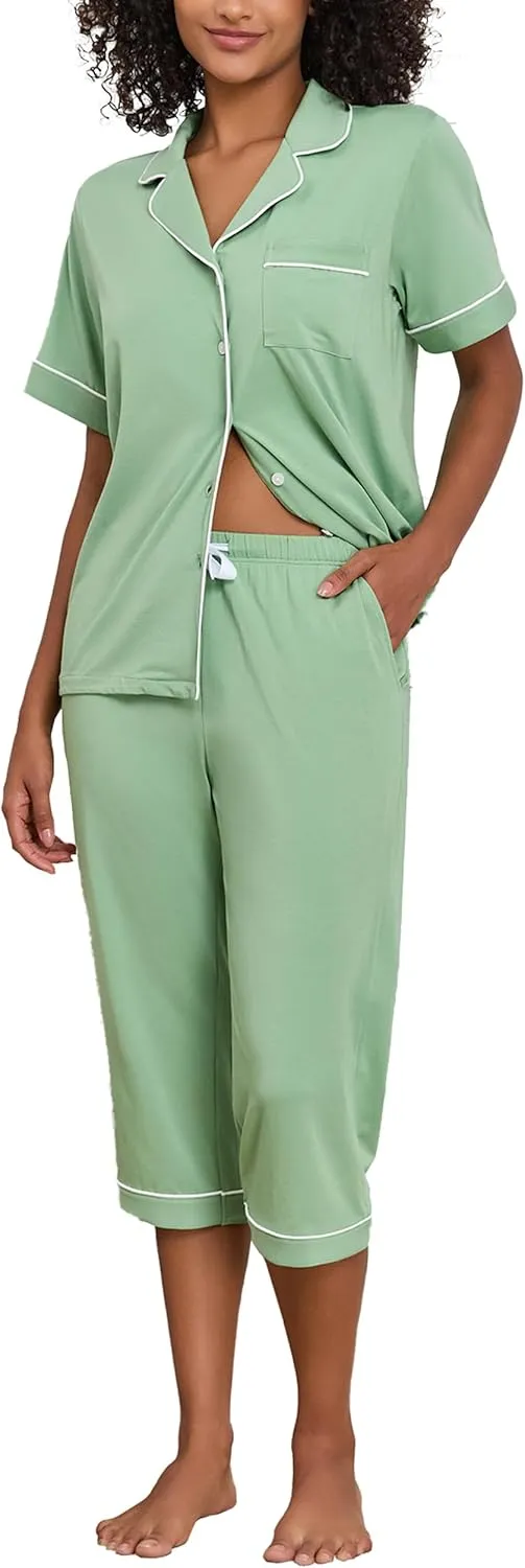 ANLIQI Womens Pajamas Set Capri Pjs Cotton Modal 2 Piece Summer Lounge Set Soft Comfy Short Sleeve Button Down Sleepwear